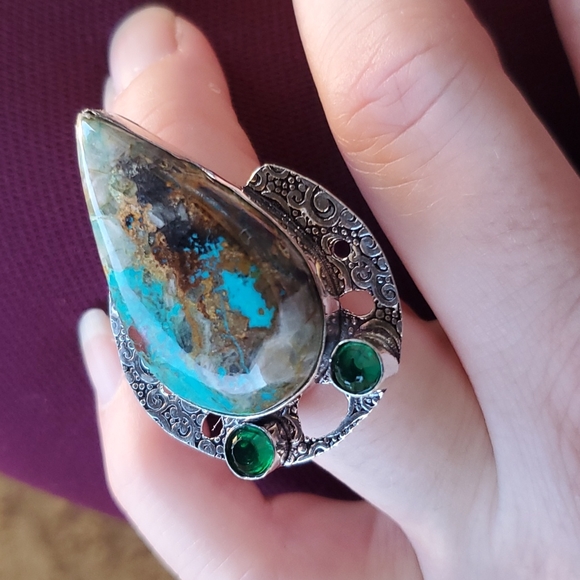 New Oversized Chrysocolla & Diopside 925 Silver Statement Ring. - Picture 2 of 14